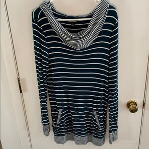 Betabrand juniper green white striped long sleeve sweater, draped neckline hood